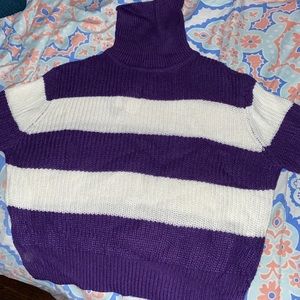 Purple and White Turtleneck Cropped Sweater